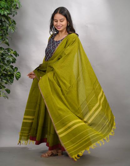 Green Ajrakh Patch Work Narayanpet Cotton Anarkali Dress with Narayanpet Dupatta | Looms & Tassels