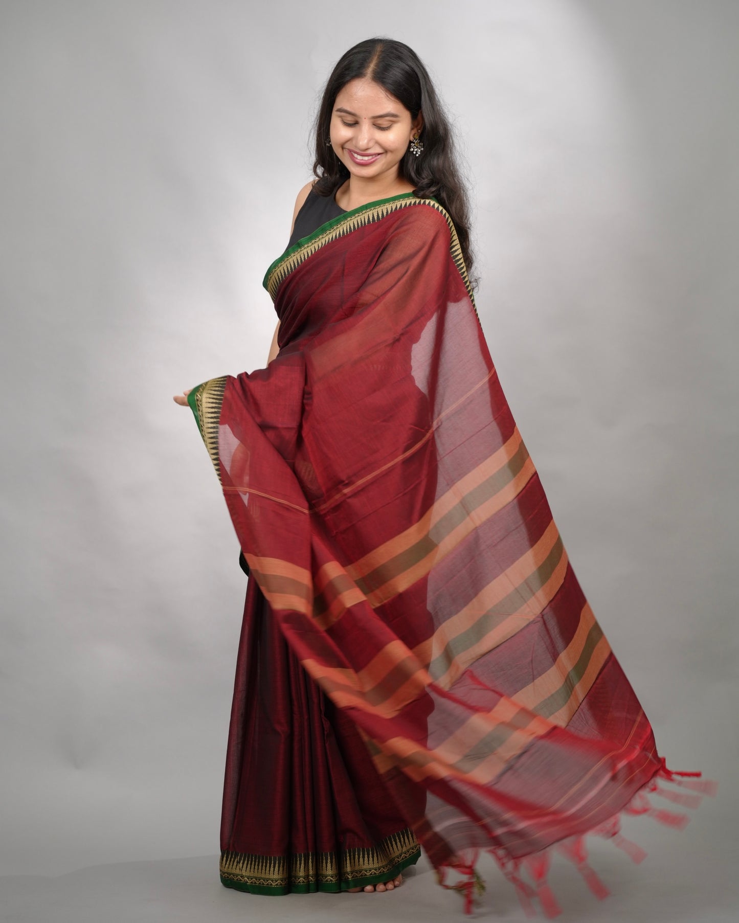Maroon Narayanpet Cotton Saree With Temple Border | Looms & Tassels