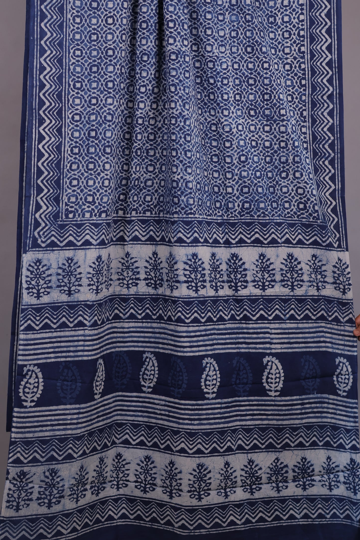 Cream Bagru Handblock printed MulMul cotton saree