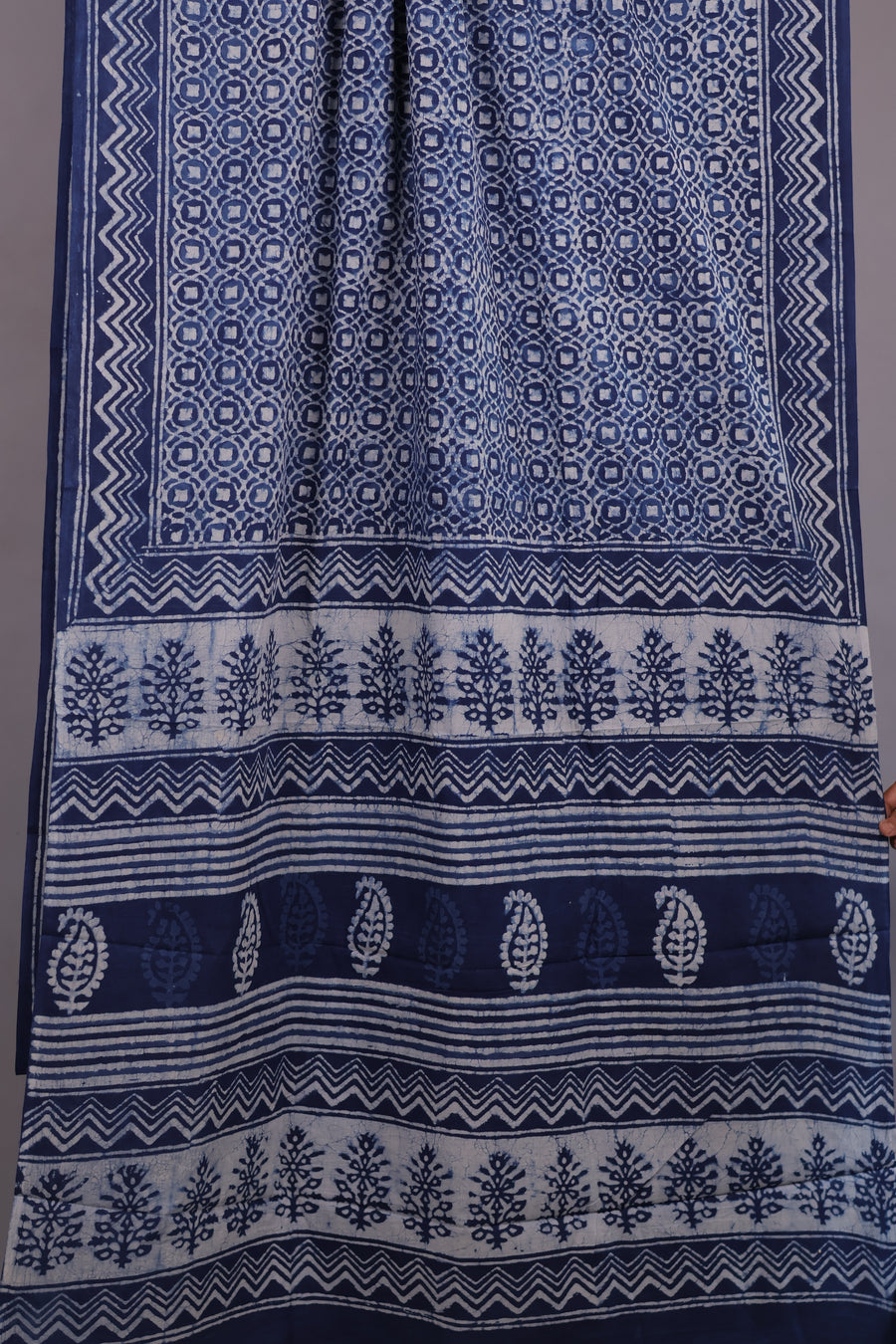Indigo Bagru Handblock printed MulMul cotton saree | Looms & Tassels