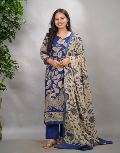 Blue Kalamkari Kota Cotton 3 piece suit (stitched) | Looms & Tassels