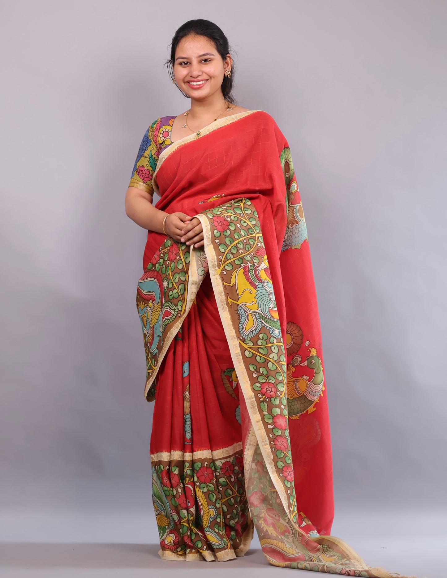 Red Hand Painted Pen Kalamkari Bangalore Silk Saree with Sungdi Borders