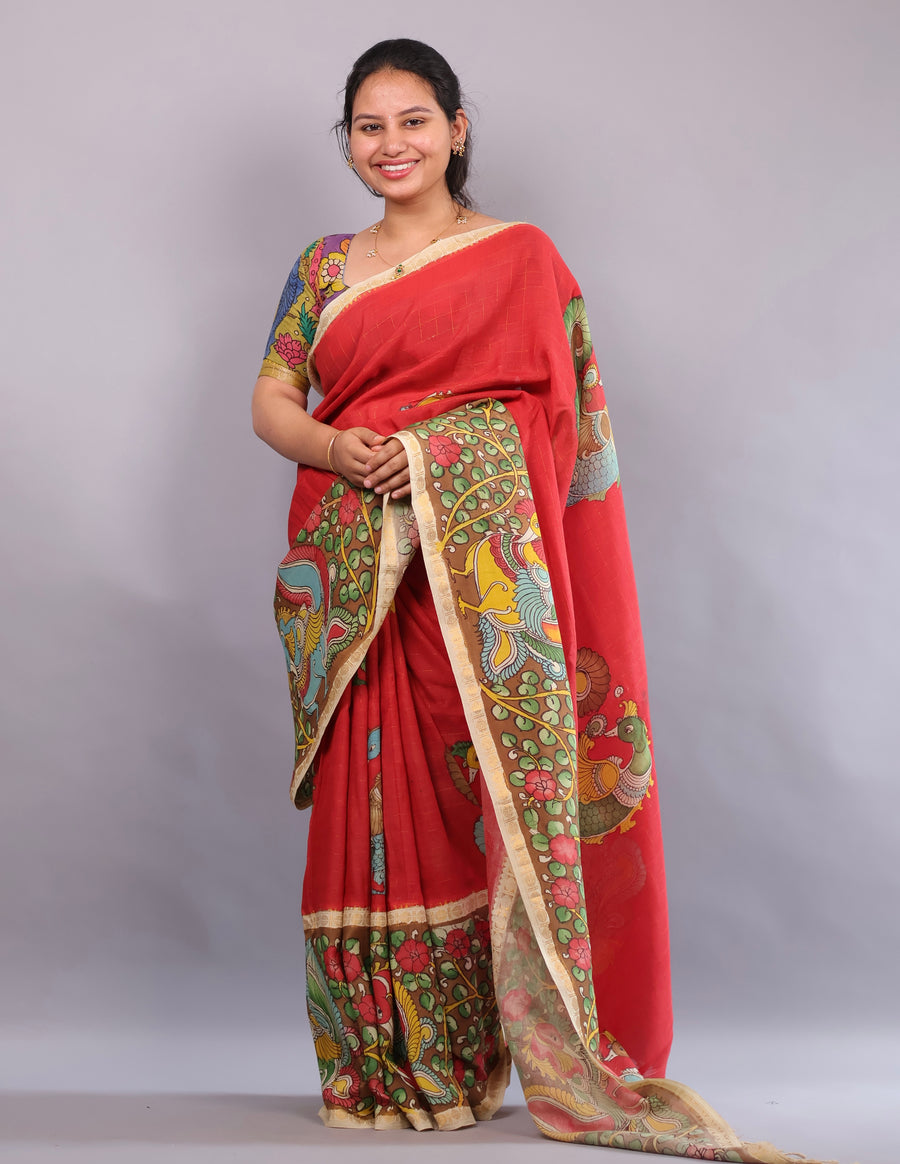 Red Hand Painted Pen Kalamkari Bangalore Silk Saree with Sungdi Borders