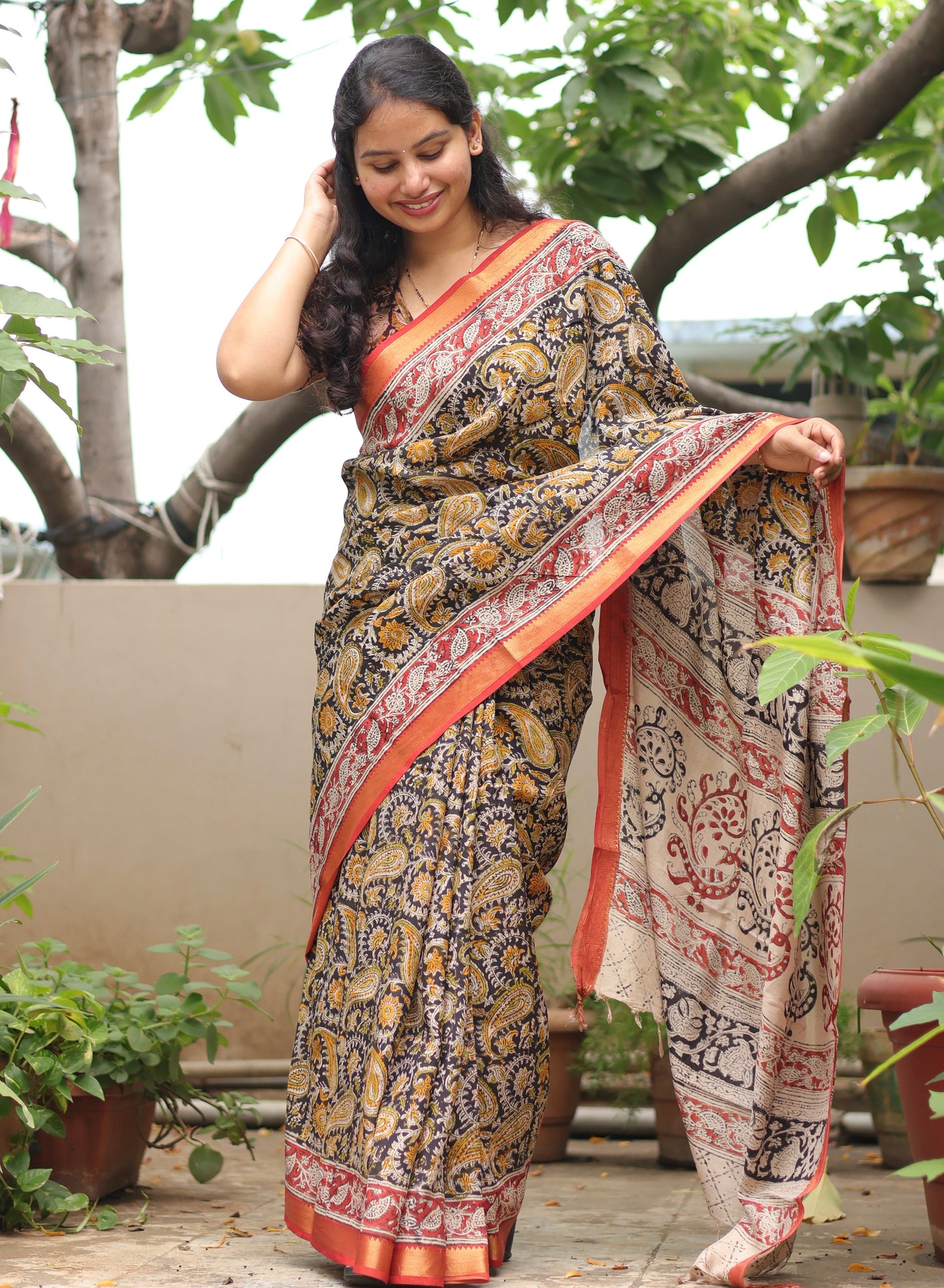 Black Hand Block Printed Kalamkari Nizam Border Silk Sare