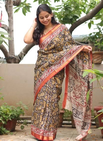 Black Hand Block Printed Kalamkari Nizam Border Silk Sare