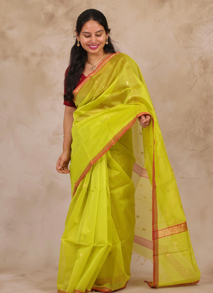 Lime Green Handloom Maheswari Silk Cotton Sarees | Looms & Tassels