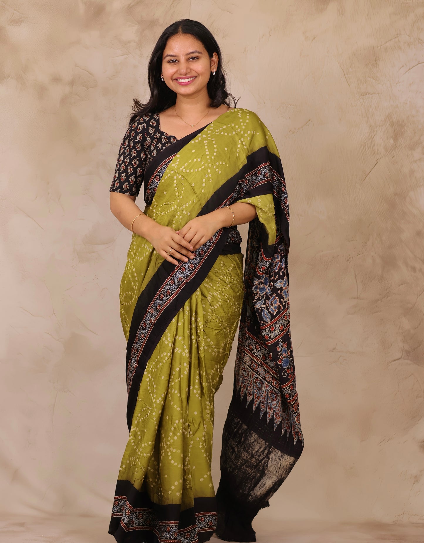 Lemon Green Hand Knotted Bandhej Arakh Modal Silk Saree with Lagdi Pallu | Looms & Tassels