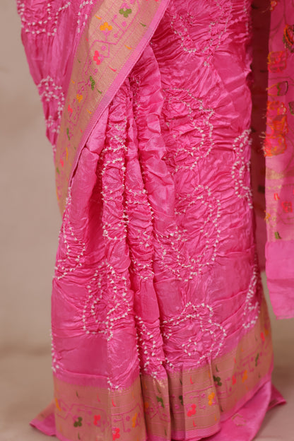 Pink Handcrafted Pattern Bandhani Paithani Dola Silk Saree | Looms & Tassels