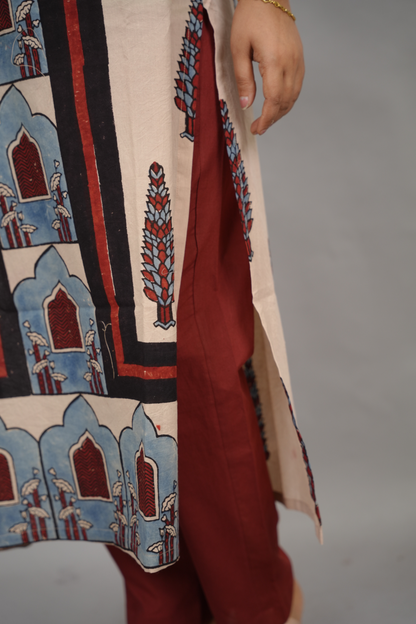 Cream Ajrakh Pattern Hand Block printed Kurti | Looms & Tassels