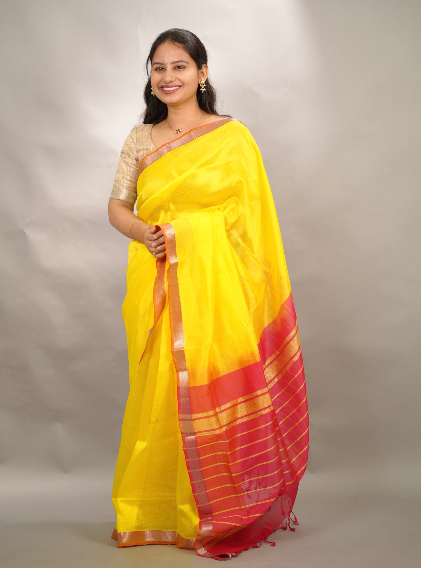 Yellow & Pink Handloom Mangalagiri Silk Saree| Looms & Tassels