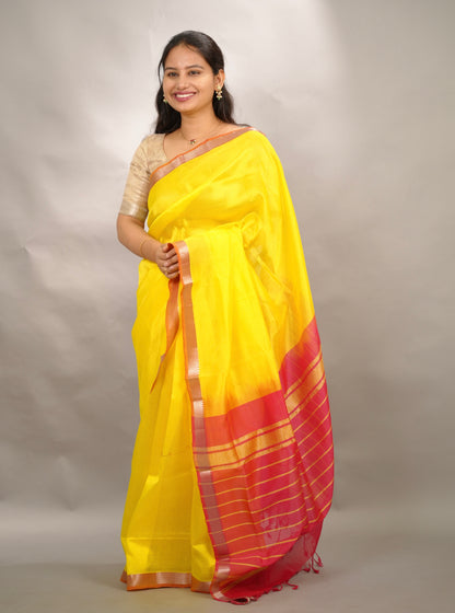 Yellow & Pink Handloom Mangalagiri Silk Saree| Looms & Tassels