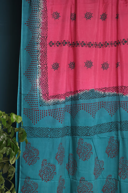 Pink Hand dyeing premium chennur silk with block prints saree