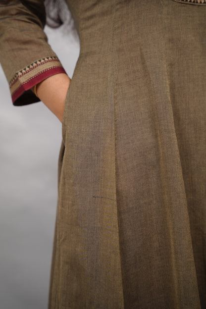 Grey Ajrakh Patch Work Narayanpet Cotton Anarkali Dress with Narayanpet Dupatta | Looms & Tassels