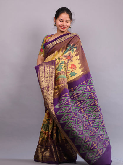 Yellow Kanchi Pattu Hand Painted Pen Kalamkari Saree