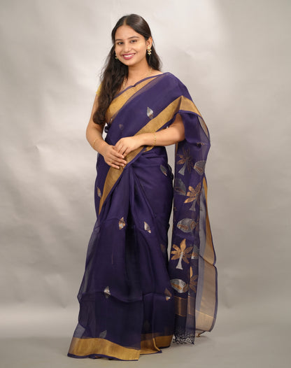 Dark Blue Handloom Muslin Silk Saree With jamdhani weaving | Looms & Tassels