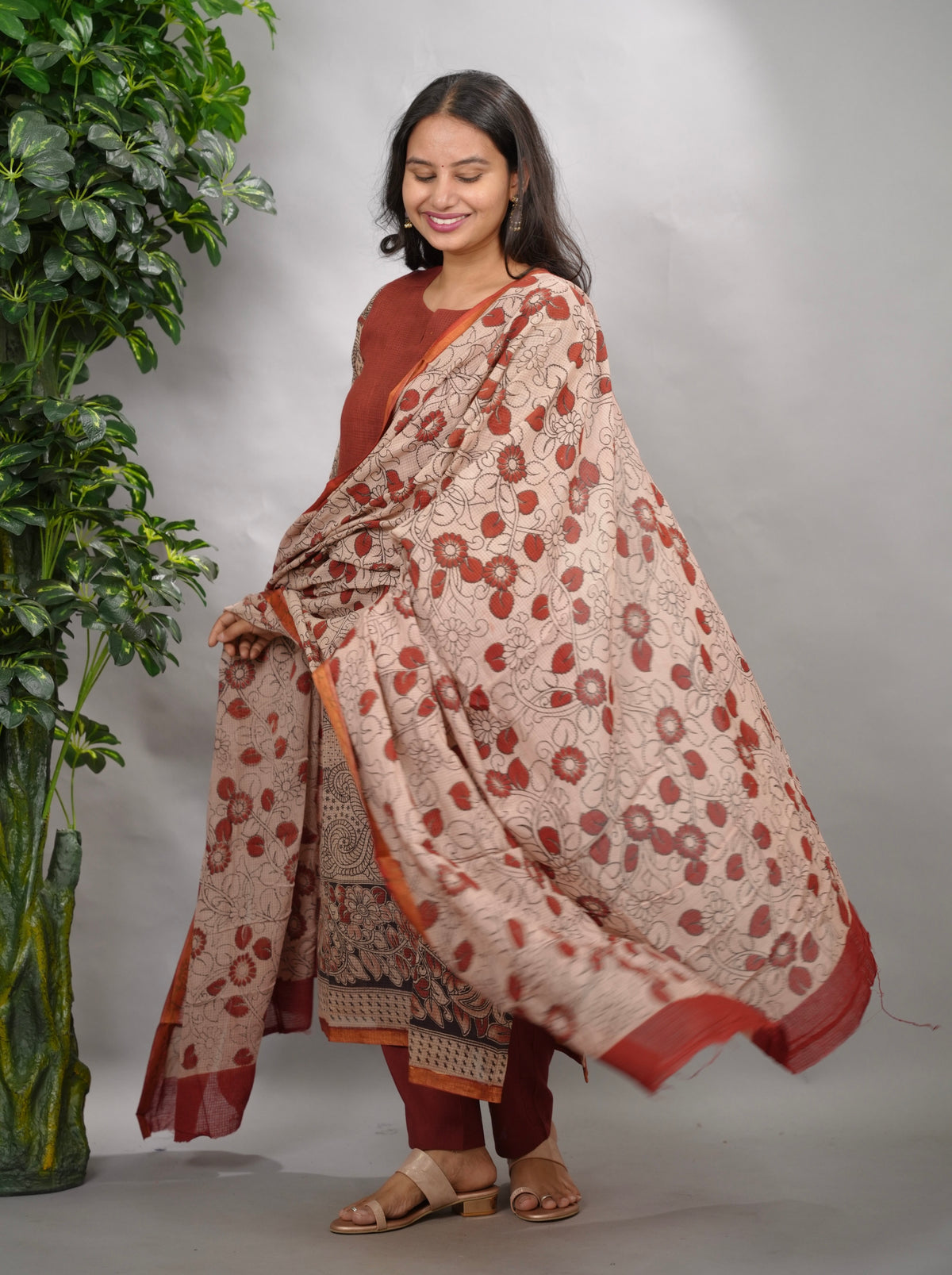 Maroon Kalamkari Kota Cotton 3 piece suit (stitched) | Looms & Tassels