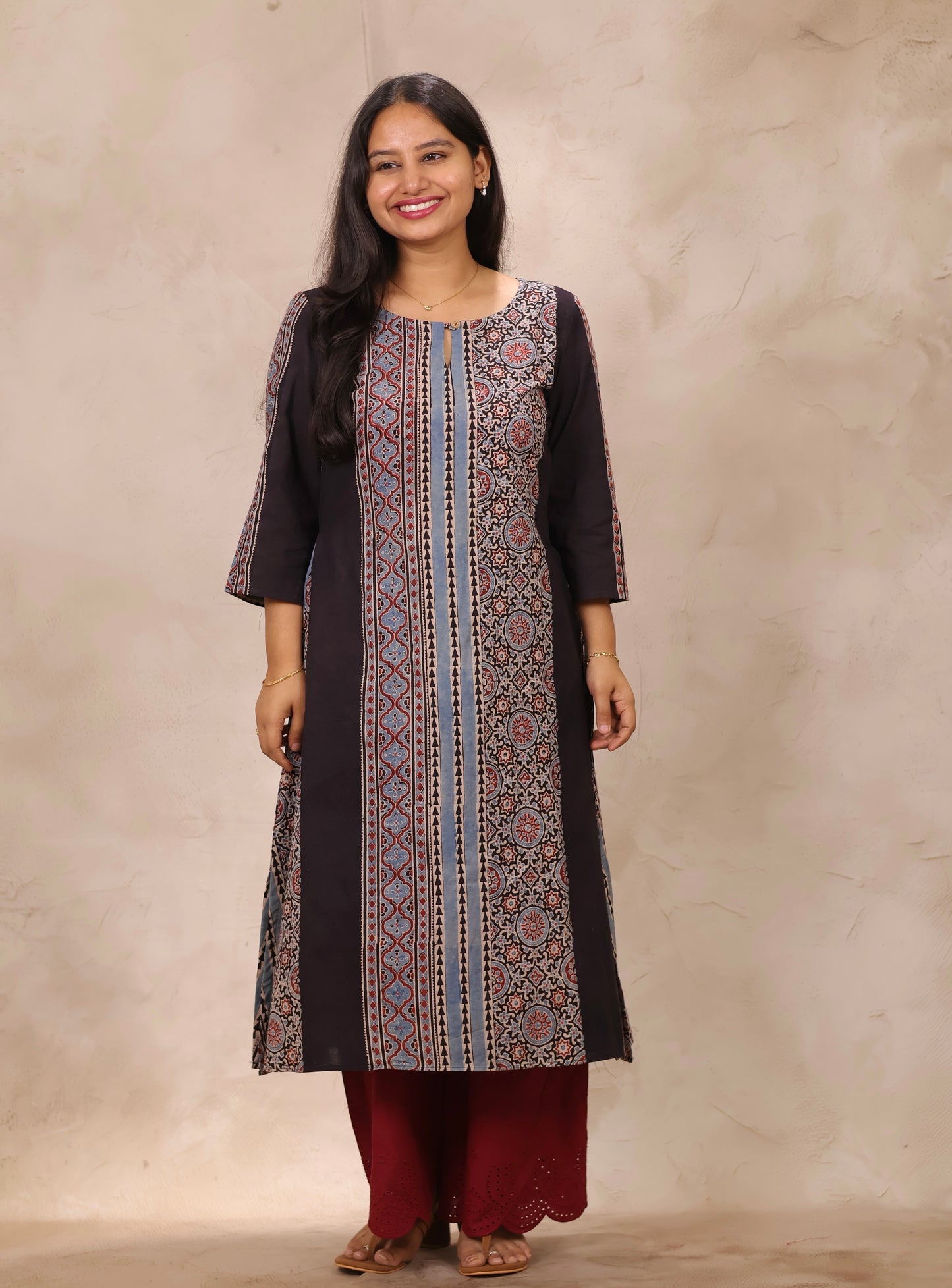 Black Ajrakh Pattern Hand Block printed Aline Kurti | Looms & Tassels