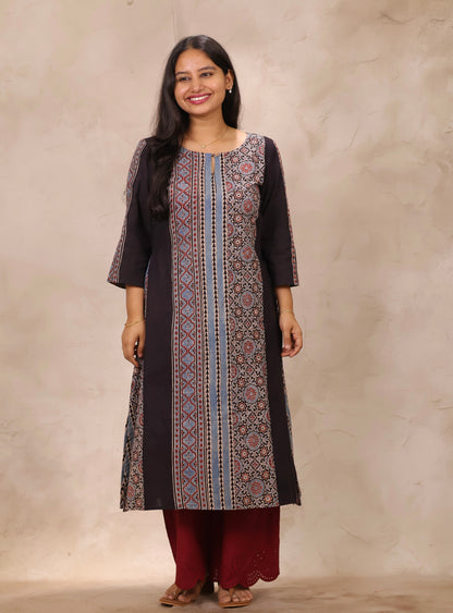 Black Ajrakh Pattern Hand Block printed Aline Kurti | Looms & Tassels