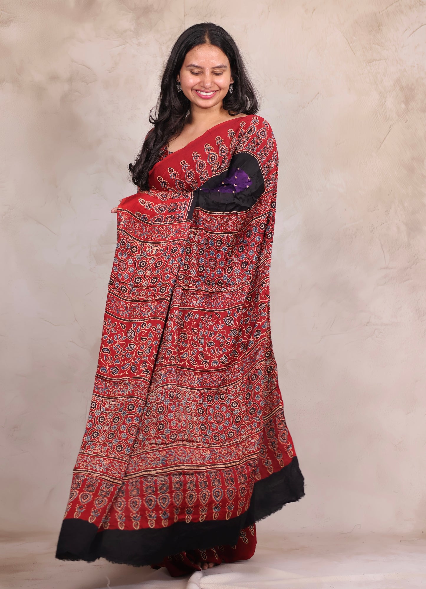 Purple Hand Knotted Ajrakh Bandhej Modal Silk Saree | Looms & Tassels