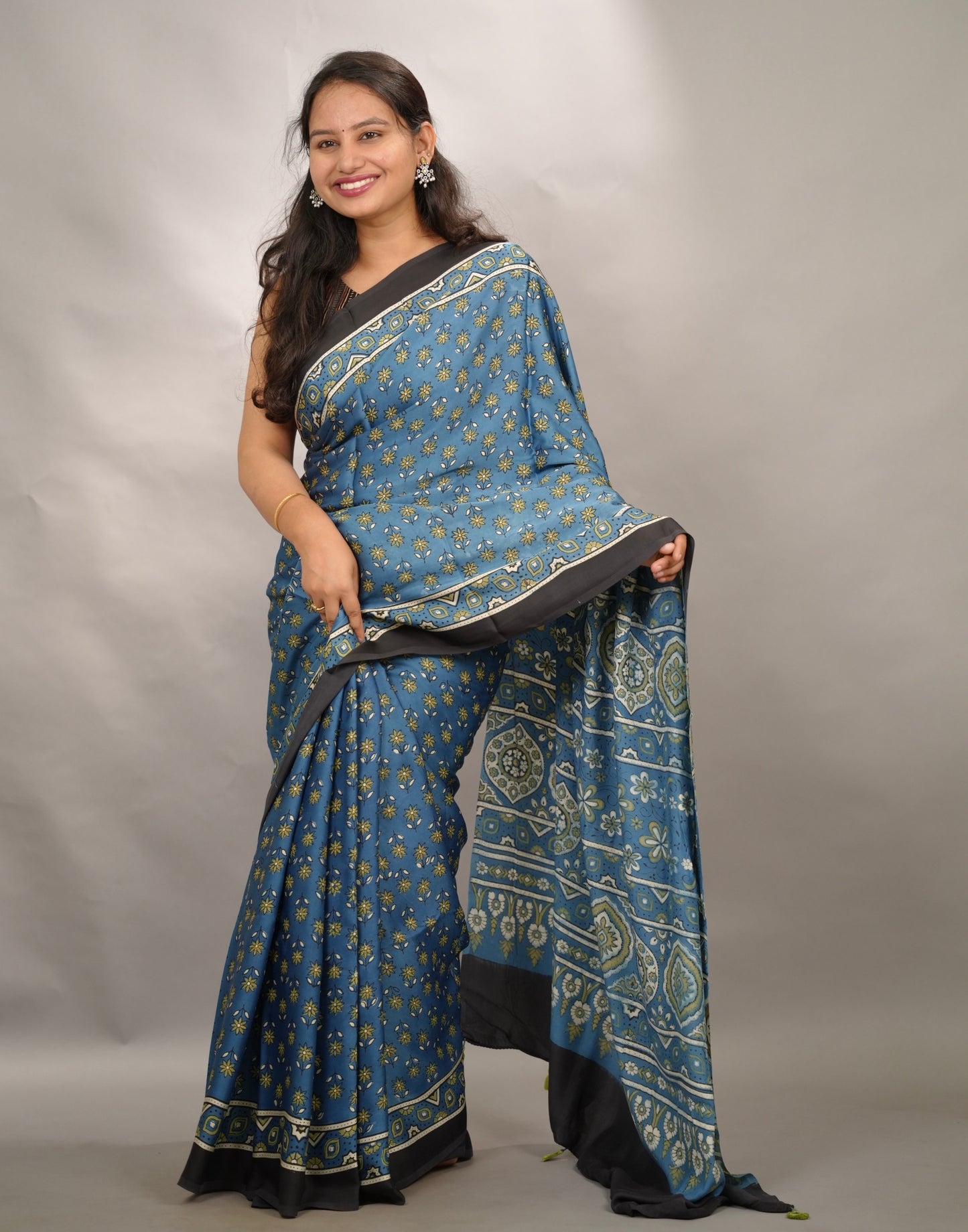 Blue Authentic Ajrakh Handblock Printed Modal Silk Saree | Looms & Tassels