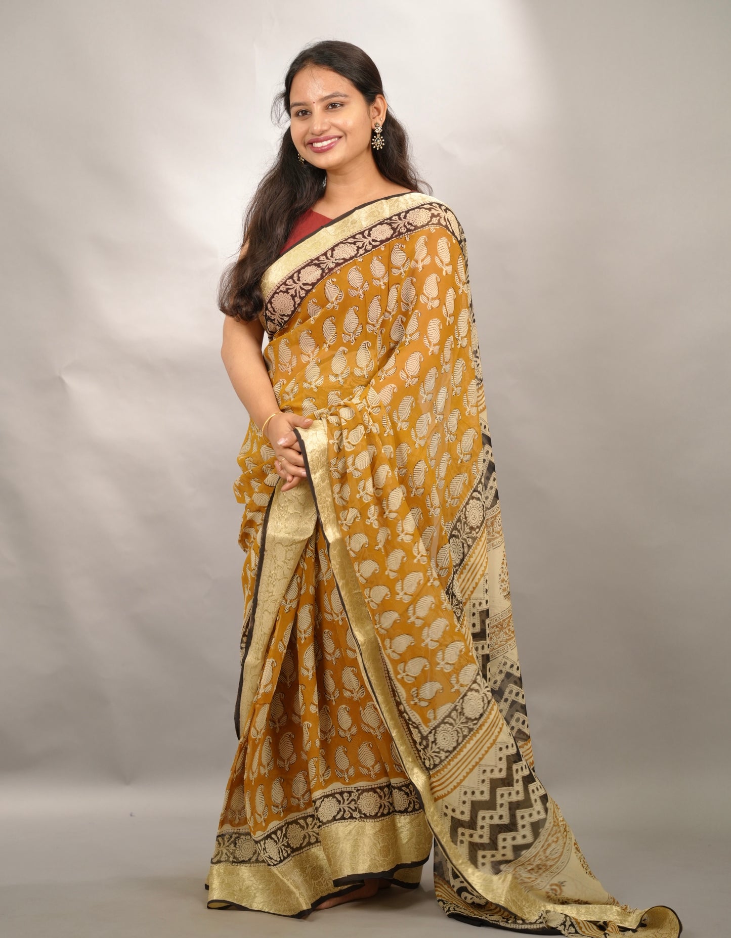 Mustard Chiffon Hand Block Printed Saree with Jari Border | Looms & Tassels