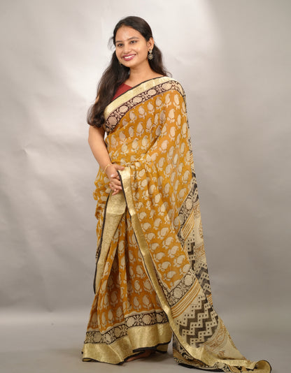 Mustard Chiffon Hand Block Printed Saree with Jari Border | Looms & Tassels