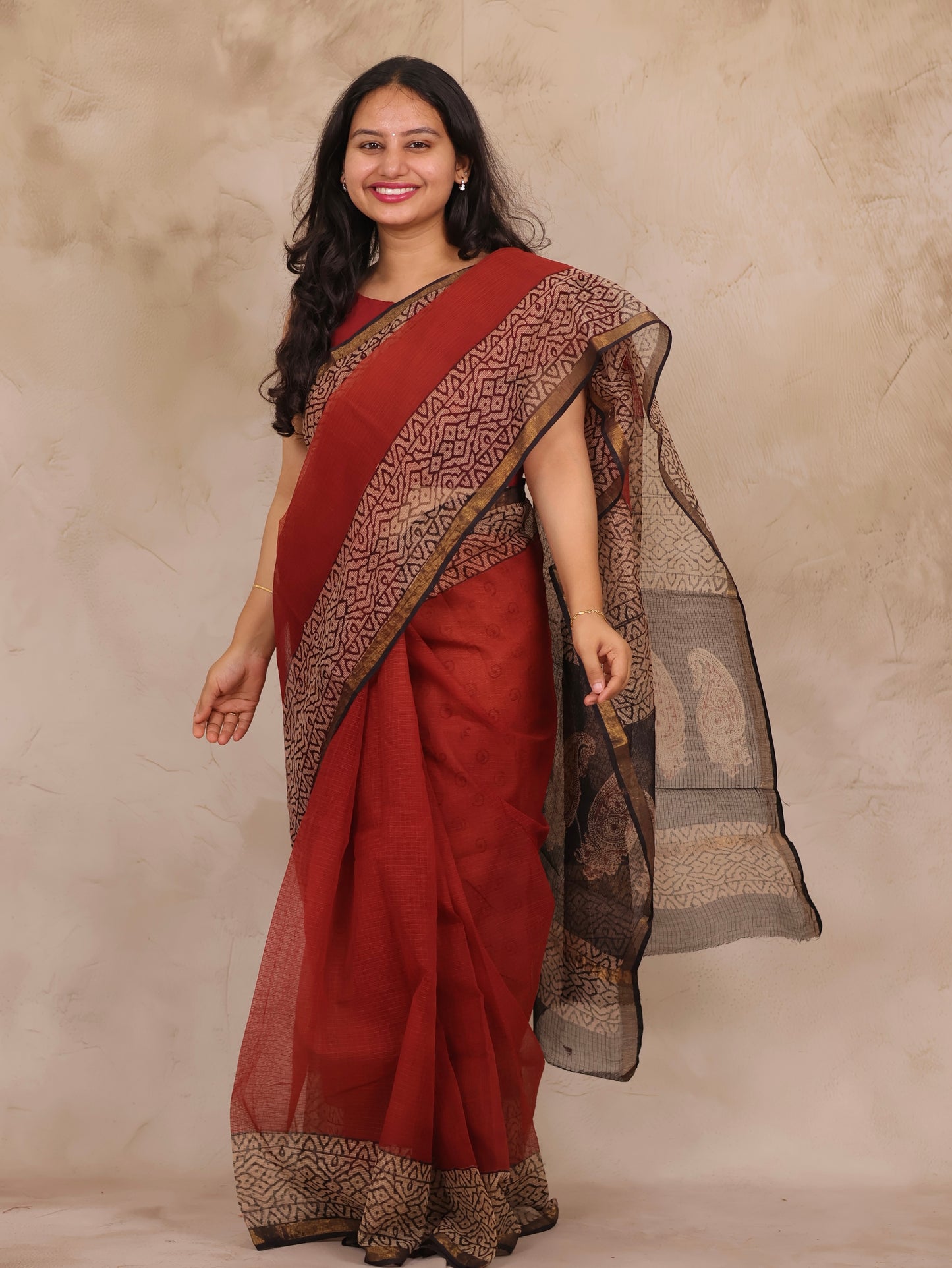 Maroon Pure Kota Doria Saree with Bagru Handblock Prints | Looms & Tassels