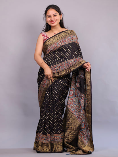 Black Polka Dots Ajrakh Handblock printed Dola Silk Saree | Looms & Tassels