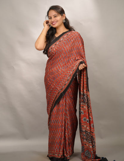 Maroon Small Print Authentic Ajrakh Handblock Printed Modal Silk Saree | Looms & Tassels