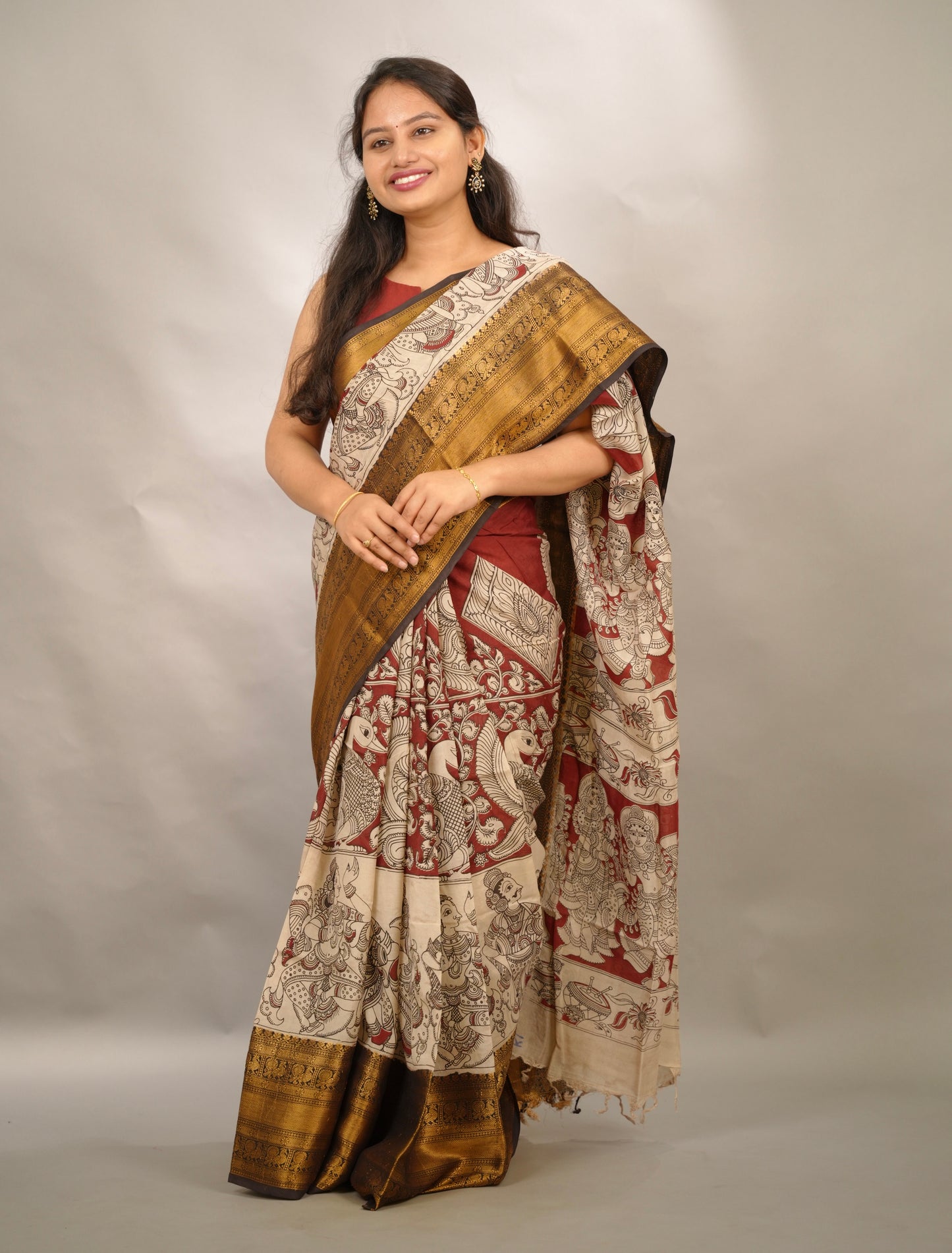 Red Kanchi border Kalamkari chennur silk saree| Looms & Tassels