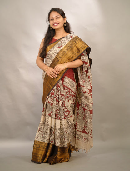 Red Kanchi border Kalamkari chennur silk saree| Looms & Tassels