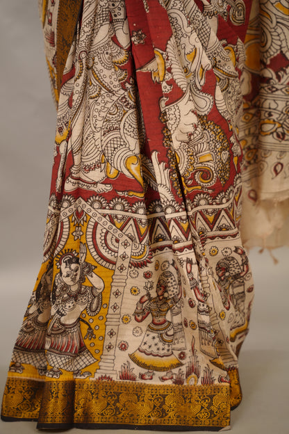 Maroon Kanchi border Kalamkari chennur silk saree | Looms & Tassels