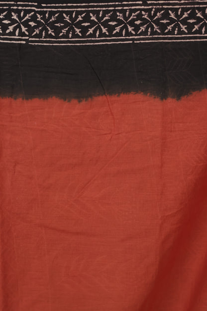 Elephant Grey & Rust Orange Bagru Handblock printed MulMul cotton saree | Looms & Tassels
