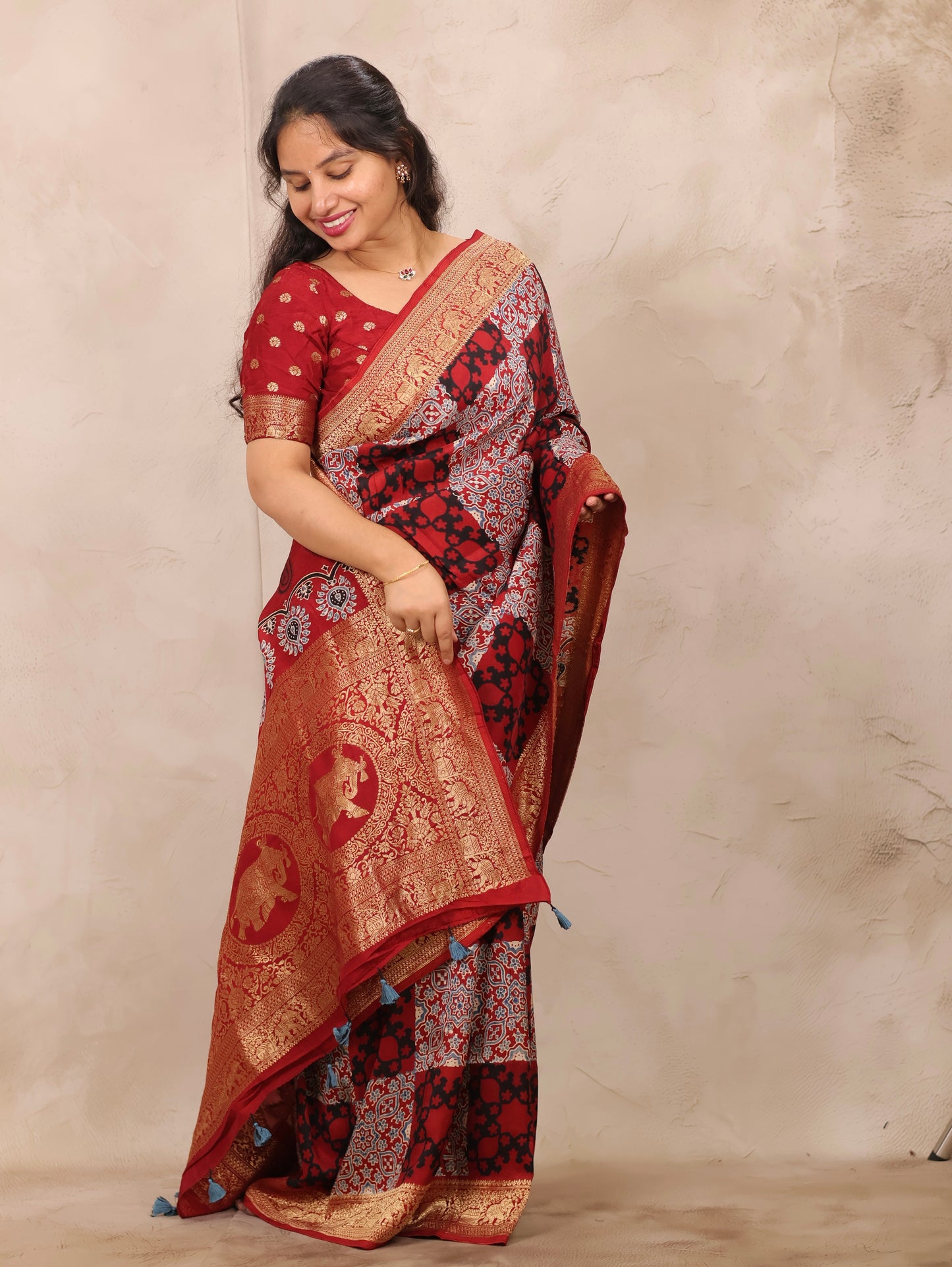Red Ajrakh Handblock printed Dola Silk Saree | Looms & Tassels