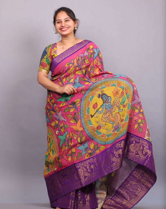Pink Hand Painted Pen Kalamkari Silk Saree