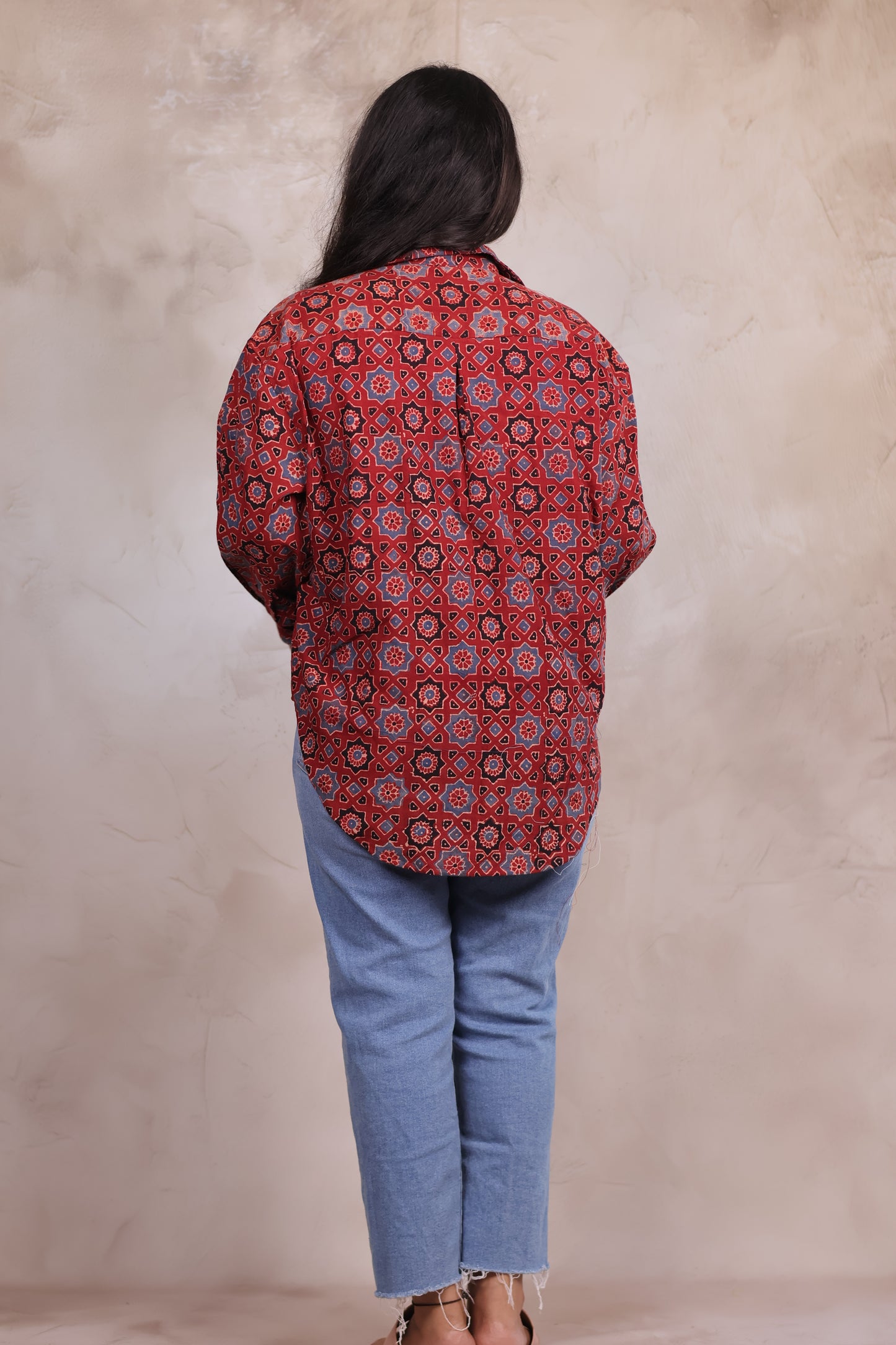 Red Ajrakh Handblock Printed Patch Work Shirt (Pure Cotton ) | Looms & Tassels