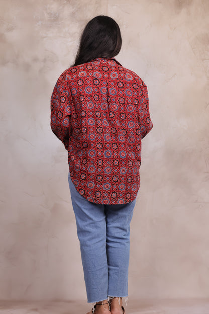 Red Ajrakh Handblock Printed Patch Work Shirt (Pure Cotton ) | Looms & Tassels