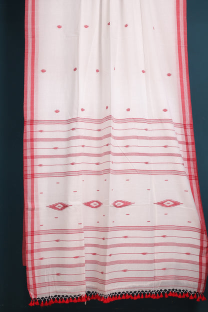 White & Red Pure Handwoven Malai Cotton Saree with Butta Weaving border