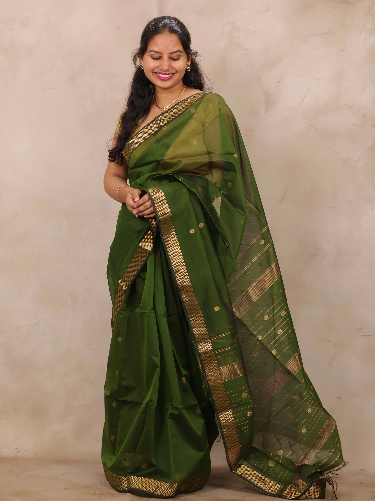 Green Handloom Maheswari Silk Cotton Sarees | Looms & Tassels
