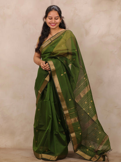 Green Handloom Maheswari Silk Cotton Sarees | Looms & Tassels