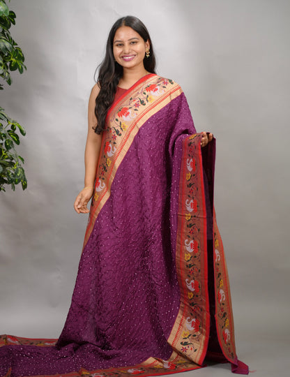 Purple Handcrafted Bandhani Paithani Dola Silk Saree | Looms & Tassels