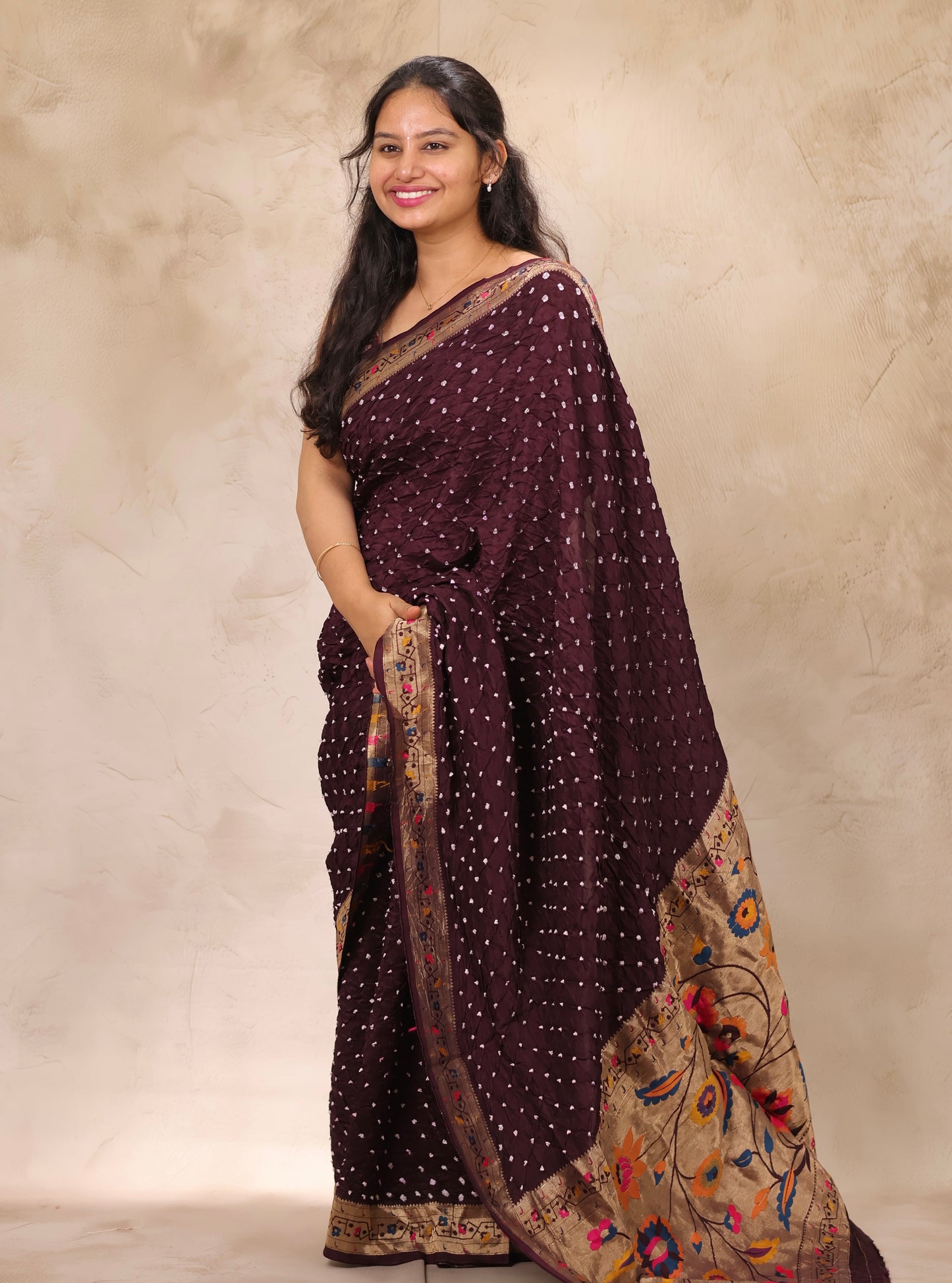 Deep purple Handcrafted Bandhani Paithani Dola Silk Saree | Looms & Tassels