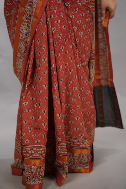 Rust Red Ajrakh Hand Block Printed Sungudi Cotton Saree | Looms & Tassels