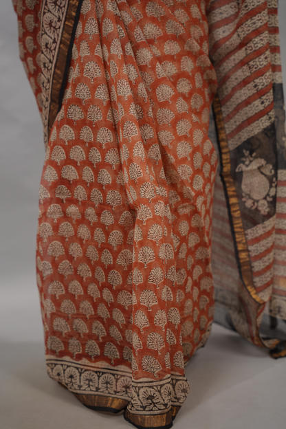 Maroon Pure Kota Doria Saree with Bagru Handblock Prints | Looms & Tassels