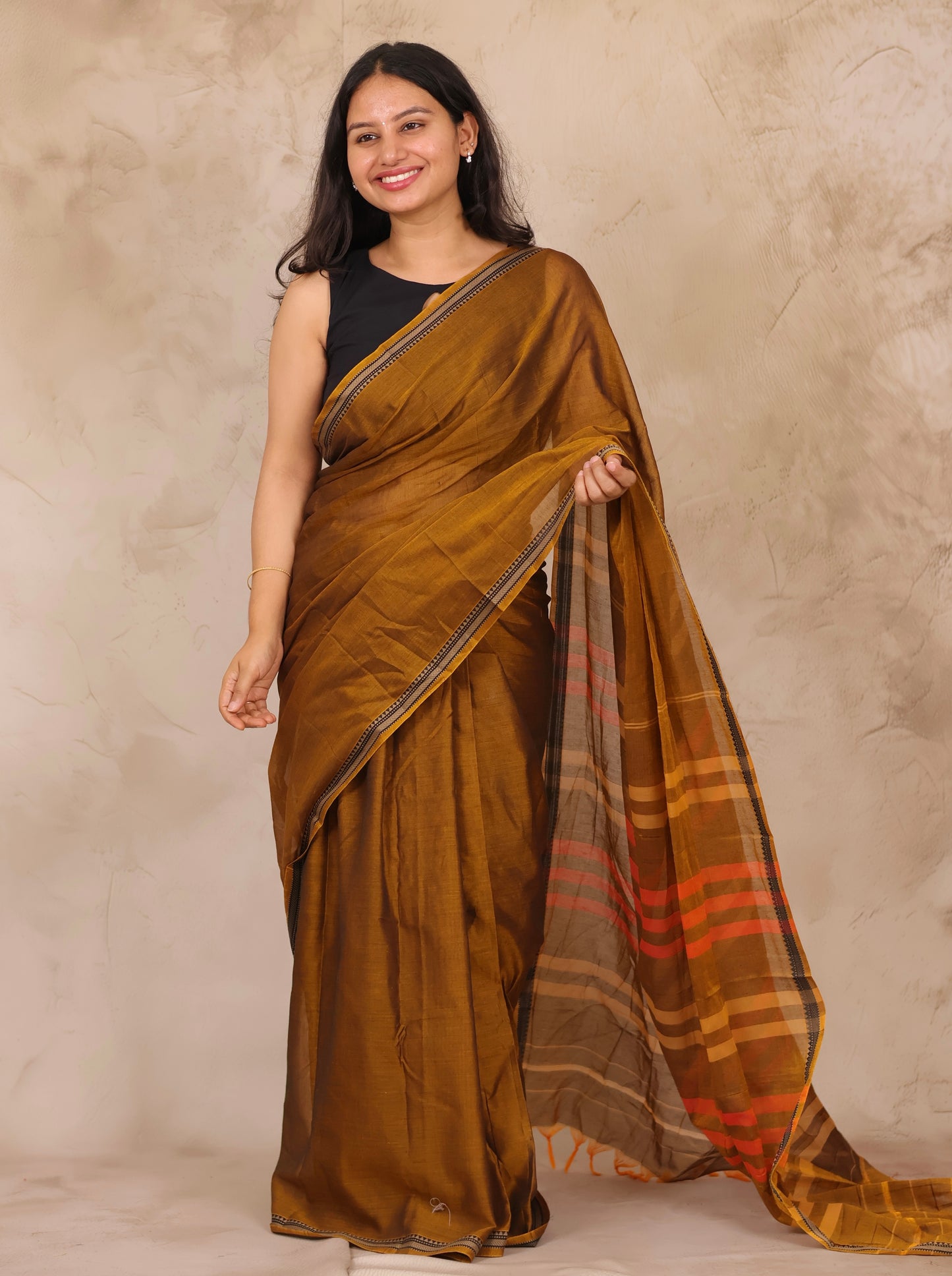 Mustard Narayanpet Cotton Saree | Looms & Tassels