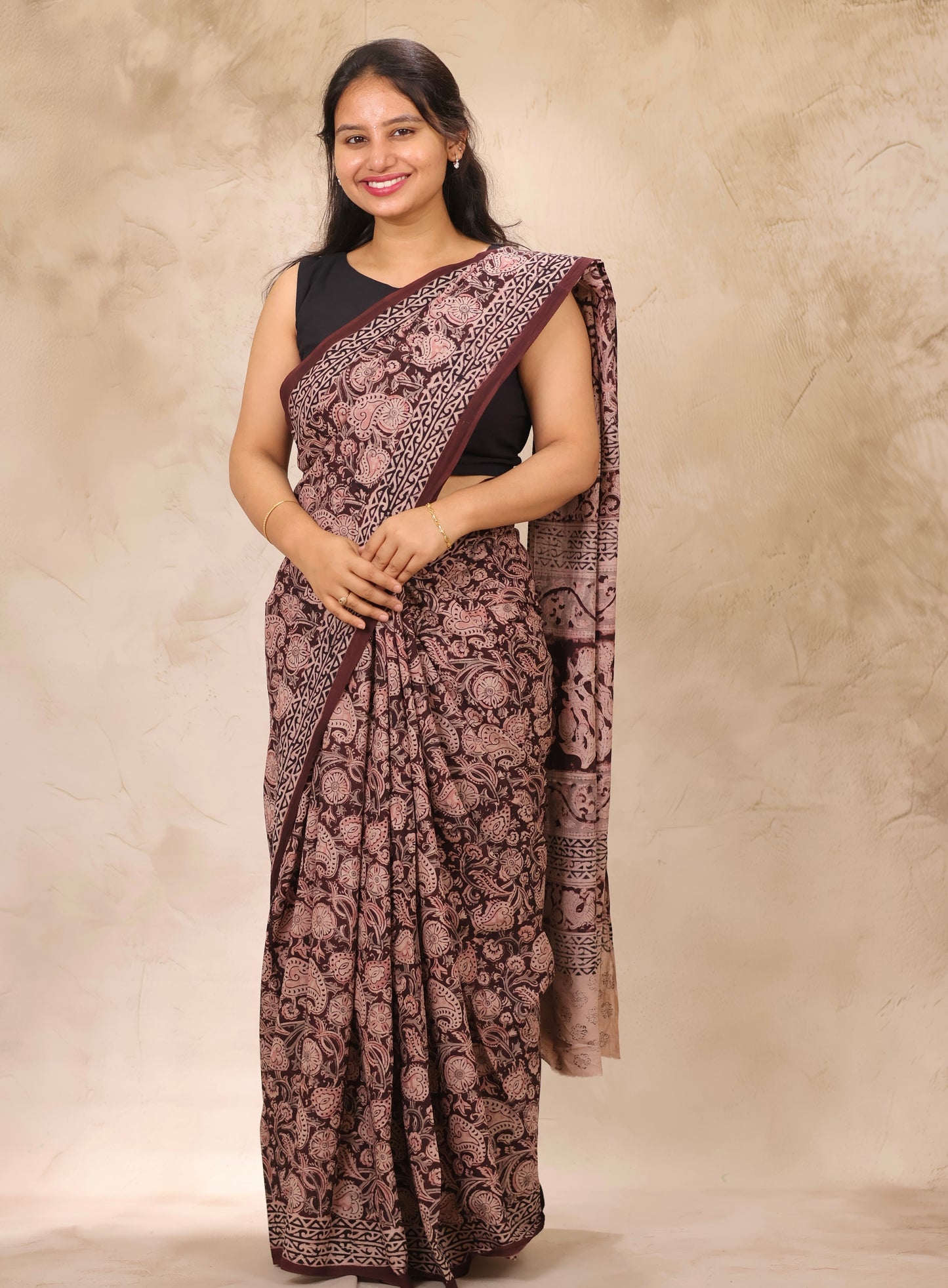 Deep Maroon Hand Block Printed Kalamkari Cotton Saree | Looms & Tassels