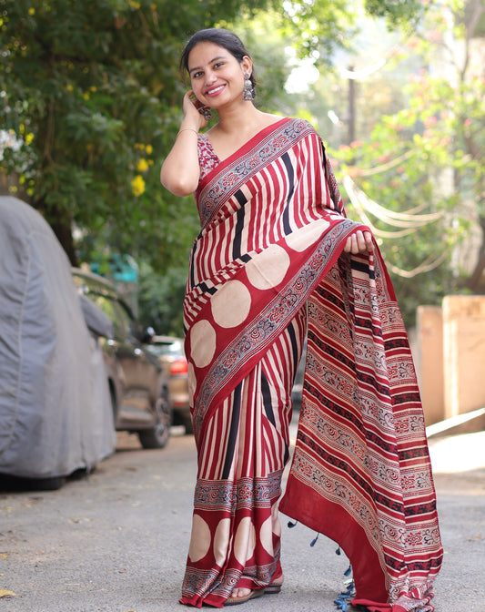 Red Ajrakh Modal Silk Saree