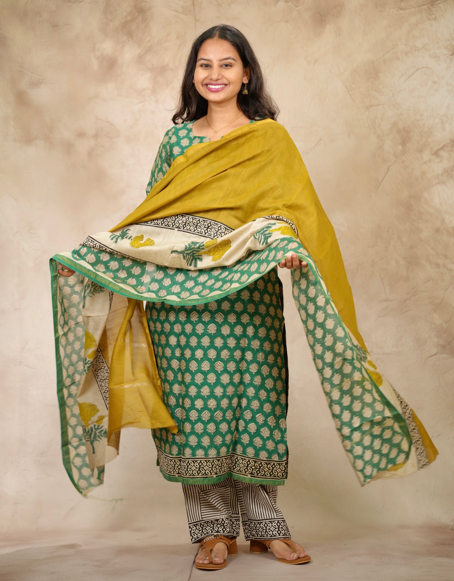 Green Handblock printed Pure Chenderi Silk 3 piece suit (stitched) | Looms & Tassels
