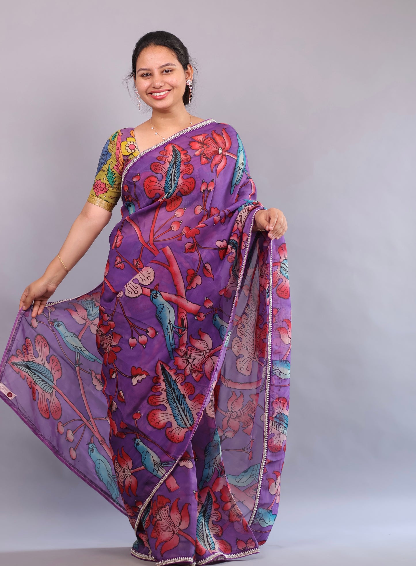 Purple Hand Painted Pen Kalamkari Organza Saree
