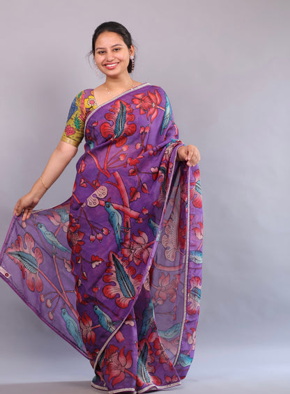 Purple Hand Painted Pen Kalamkari Organza Saree